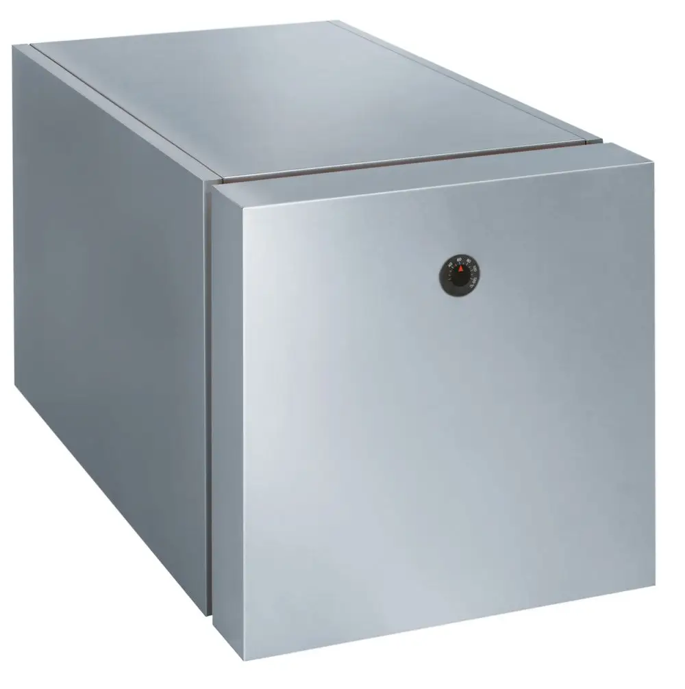Edelstahl Warmwasserspeicher in silberner Farbe, ausgestattet mit einem Temperaturregler. Produkt von Viessmann, geeignet für die monovalente Warmwasserbereitung.
